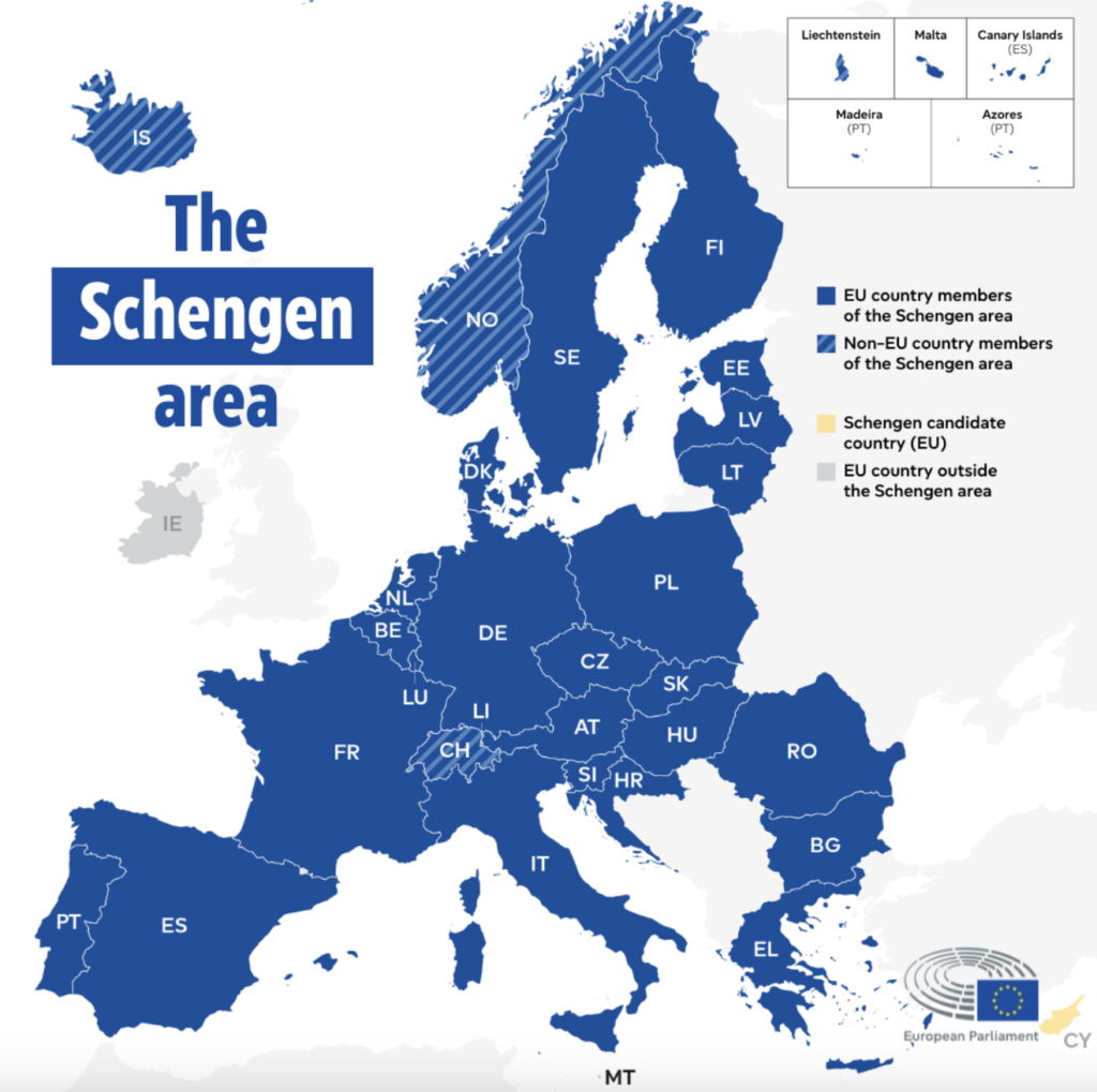 Schengen map of Europe as of 2026